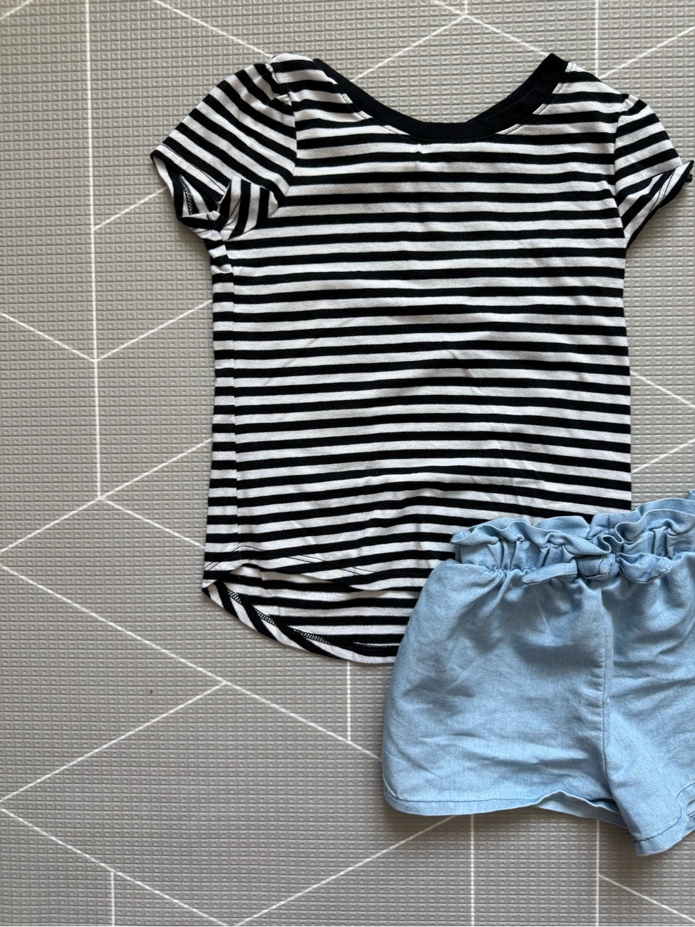 Between|Baby girl/toddler summer set,Black & White Striped Tee & chambray shorts